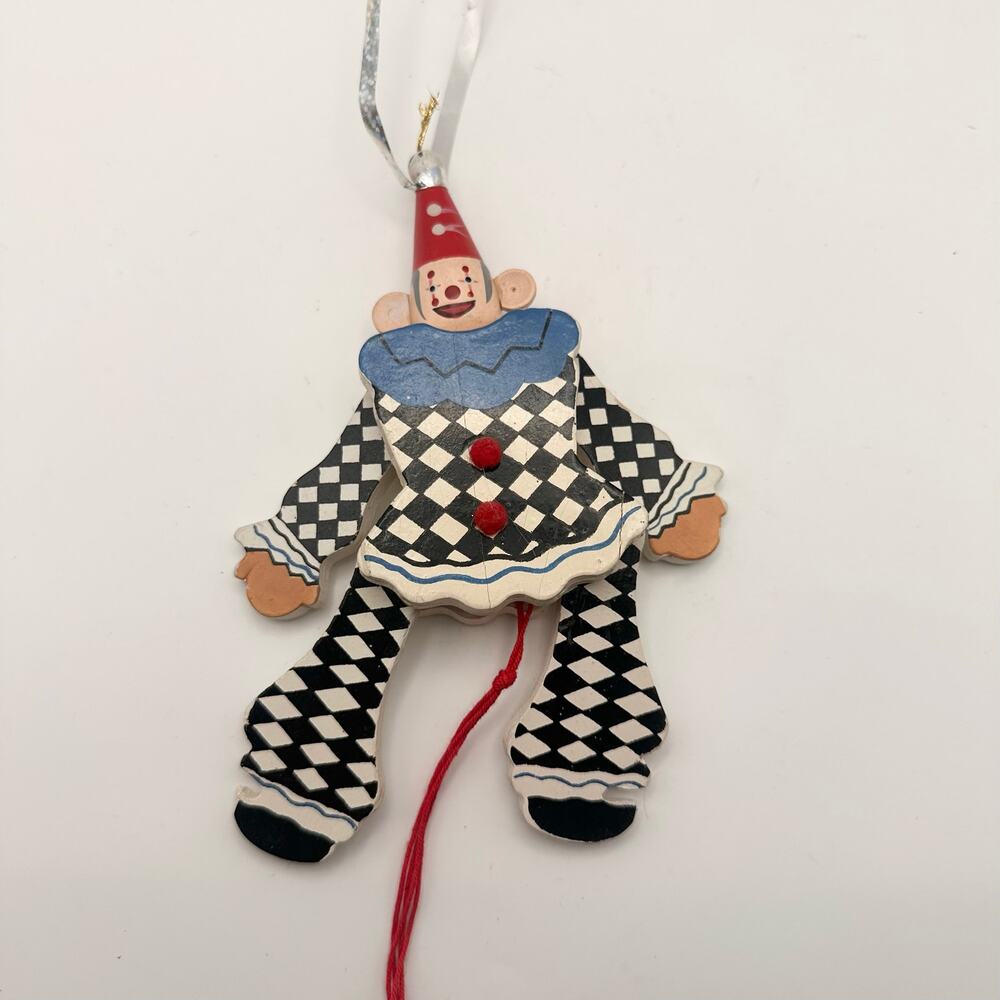 Black White Diamond Vintage Articulated Carnival Clown Pull String Ornament